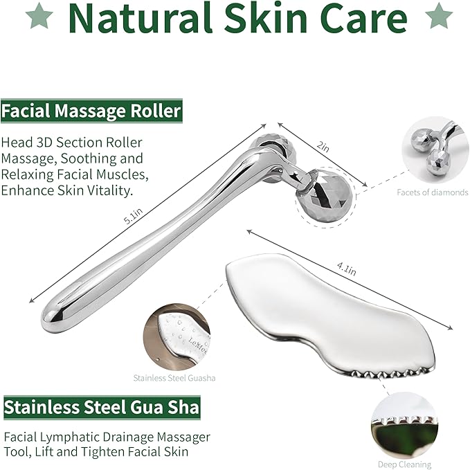 Gua Sha Facial Tools Stainless Steel & Face Roller Massager Skin Set, Metal Guasha Facial Roller Massage Tool Natural Skin Care for Face Neck Body, Reduce Puffiness Remove Wrinkles, Gift for Women