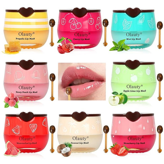 8 PCS Bee Lip Balm Honey Pot, Fruity Mask Overnight Hydrating Prevention for Dry and Cracked Lips, Scrubs Exfoliator Care, Sleeping Mask Reduces Lines