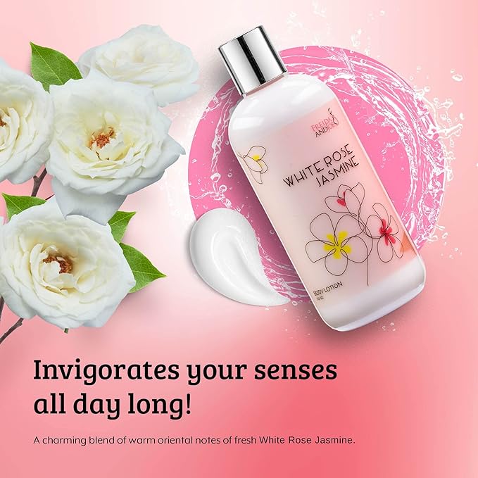 Home Spa Gift 10oz Deep Moisturizing Fragrance Body Lotion & 8 oz. Fine Fragrance Body Mist Set Luxury Self-Care Combo for Women & Girls (White Rose Jasmine) Mother’s Day Gift for Mom
