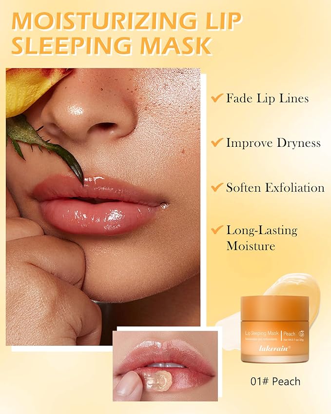 Sleeping Lip Mask, Overnight Hydrating & Prevention Dry and Cracked Lips Scrubs Exfoliator & Moisturizer, Ultra-Nourishing Lip Sleeping Mask with Wand, Lip Care Therapy Treatment for Women-01#Peach