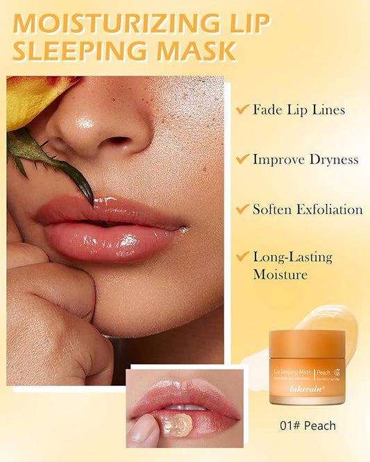 Sleeping Lip Mask, Overnight Hydrating & Prevention Dry and Cracked Lips Scrubs Exfoliator & Moisturizer, Ultra-Nourishing Lip Sleeping Mask with Wand, Lip Care Therapy Treatment for Women-01#Peach