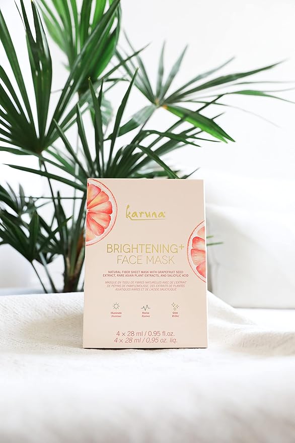 Karuna Skin - Brightening+ Sheet Masks for Radiant Skin, Hydrating Face Mask Skin Care Essential, Face Mask with Grapefruit Seed & Rare Asian Plant Extracts Plus Salicylic Acid, 4 Sheets per Pack