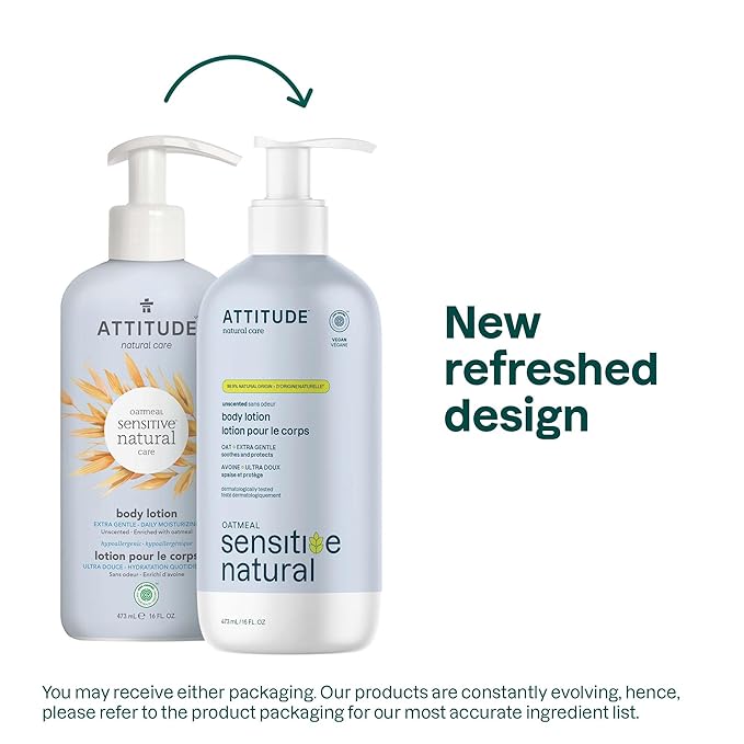 ATTITUDE Body Lotion for Sensitive Skin with Oat, EWG Verified, Dermatologically Tested, Vegan, Extra Gentle, Unscented, 16 Fl Oz