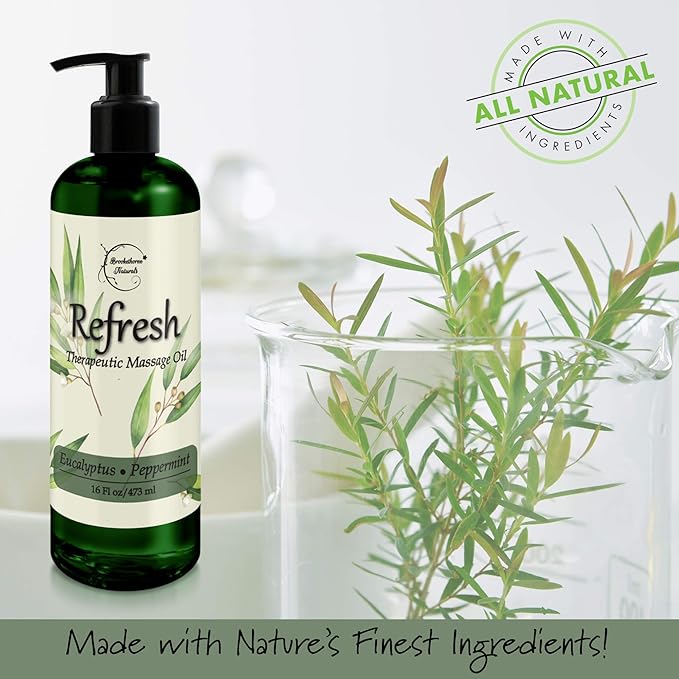 Refresh Massage Oil for Massage Therapy with Eucalyptus & Peppermint Essential Oils - All Natural, Great for Sore Muscles. Ideal for Full Body Relaxation – Nut Free Formula 16oz