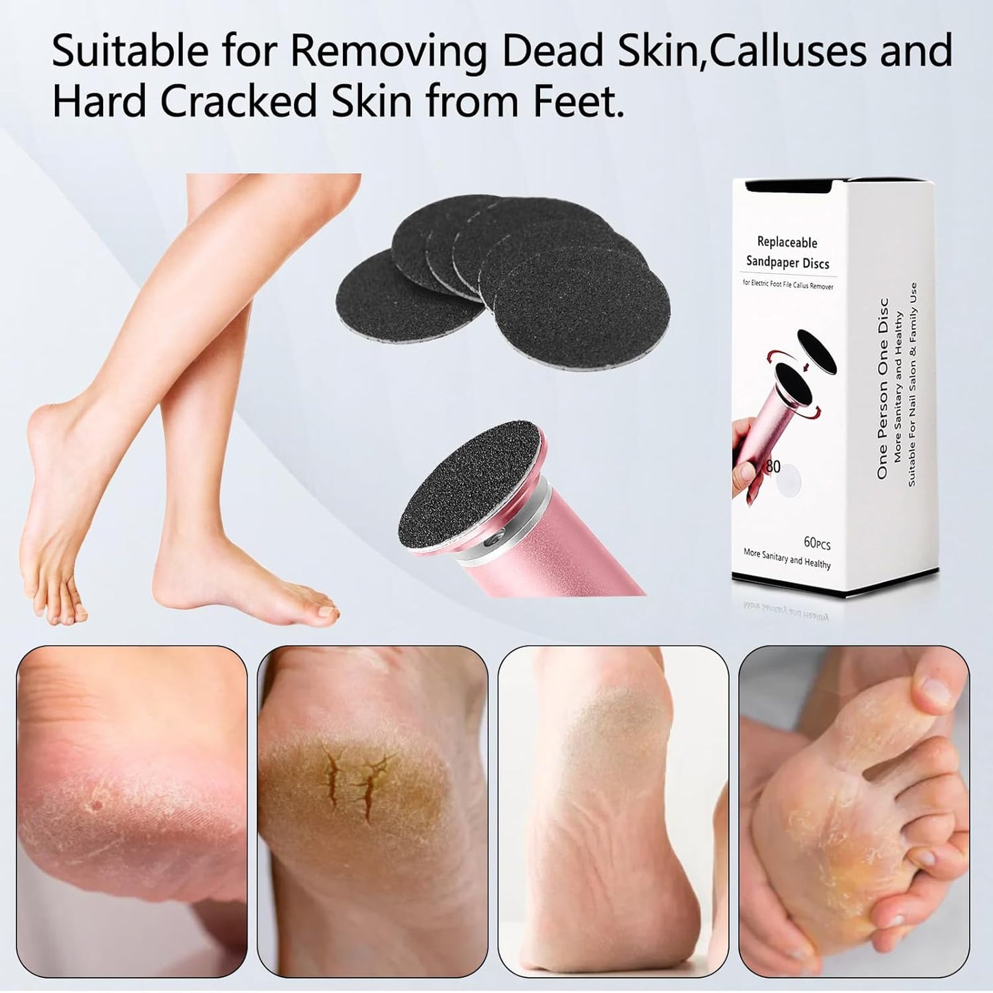 60 Pcs Replaceable Sandpaper Refill Discs for Electric Foot File Callus Remover Foot Care Dead Skin Cracked Hard Skin Removal - Coarse 80 Grit