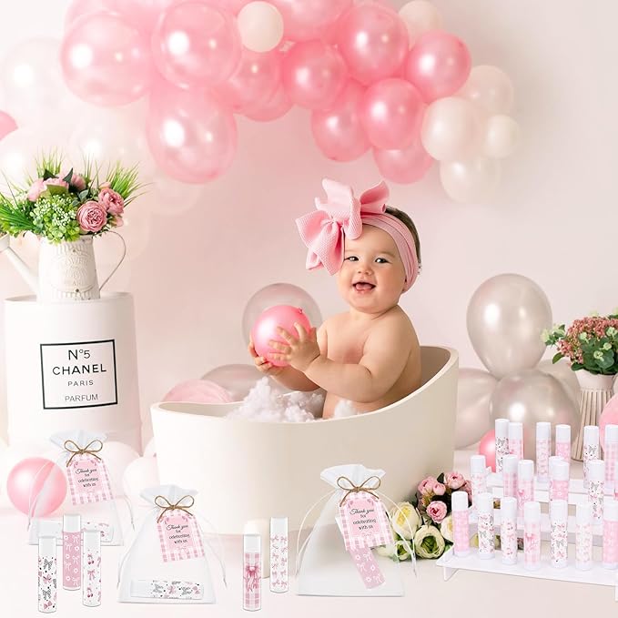 50 Pack Pink Bow Baby Shower Favors Bulk Lip Balm Girls Favors Gifts for Bachelorette Girls Pink Bow Moisturizing Lip Care Pretty lipstick Mother's Day Birthday Party Supplies Decorations(pink bow)