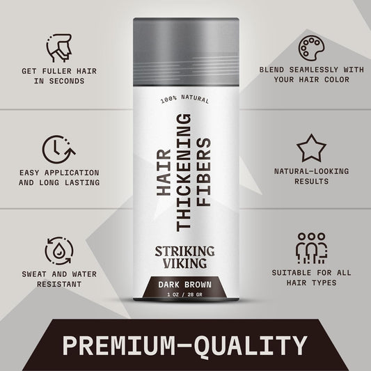 Striking Viking Hair Fibers - Dark Brown, 0.98 oz, Pack of 1 - Long-Lasting Hold & Hair Filler - Undetectable Coverage with Fiber Powder - Easy Application & Styling Powder