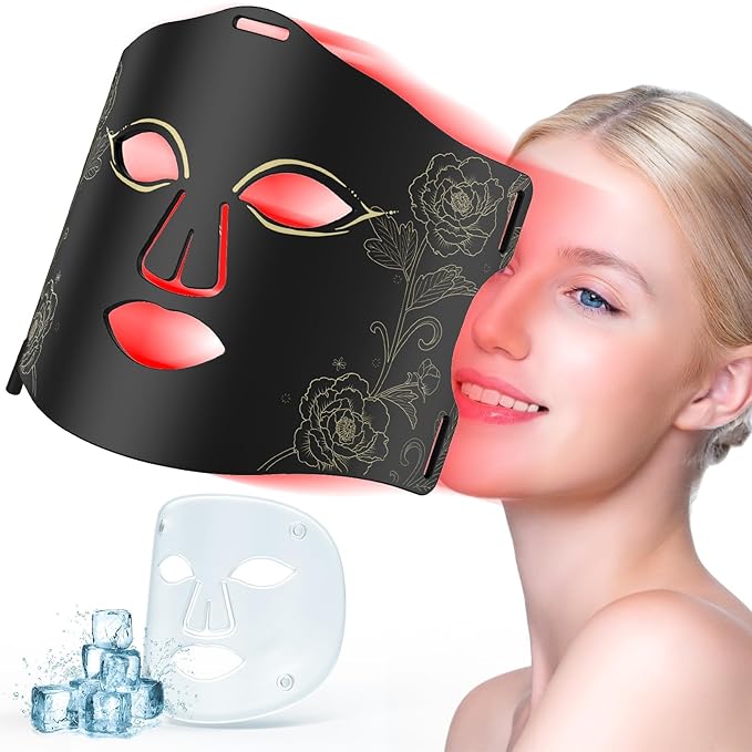 Red Light Therapy Mask for Face with Ice Compress, 7 Colors LED Face Mask Light Therapy with Near-Infrared 850nm, Anti-Aging Treatment at Home with Remote, 260 LEDs, Black Rose