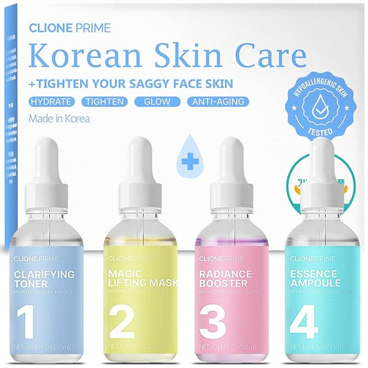 Korean Skin Care Set For Women - Gift For Women Korean Anti Aging Skin Care Products Lifting, Firmness & Hydration Essence, Mask, Booster & Ampoule Set for Radiant Smooth Looking Skin