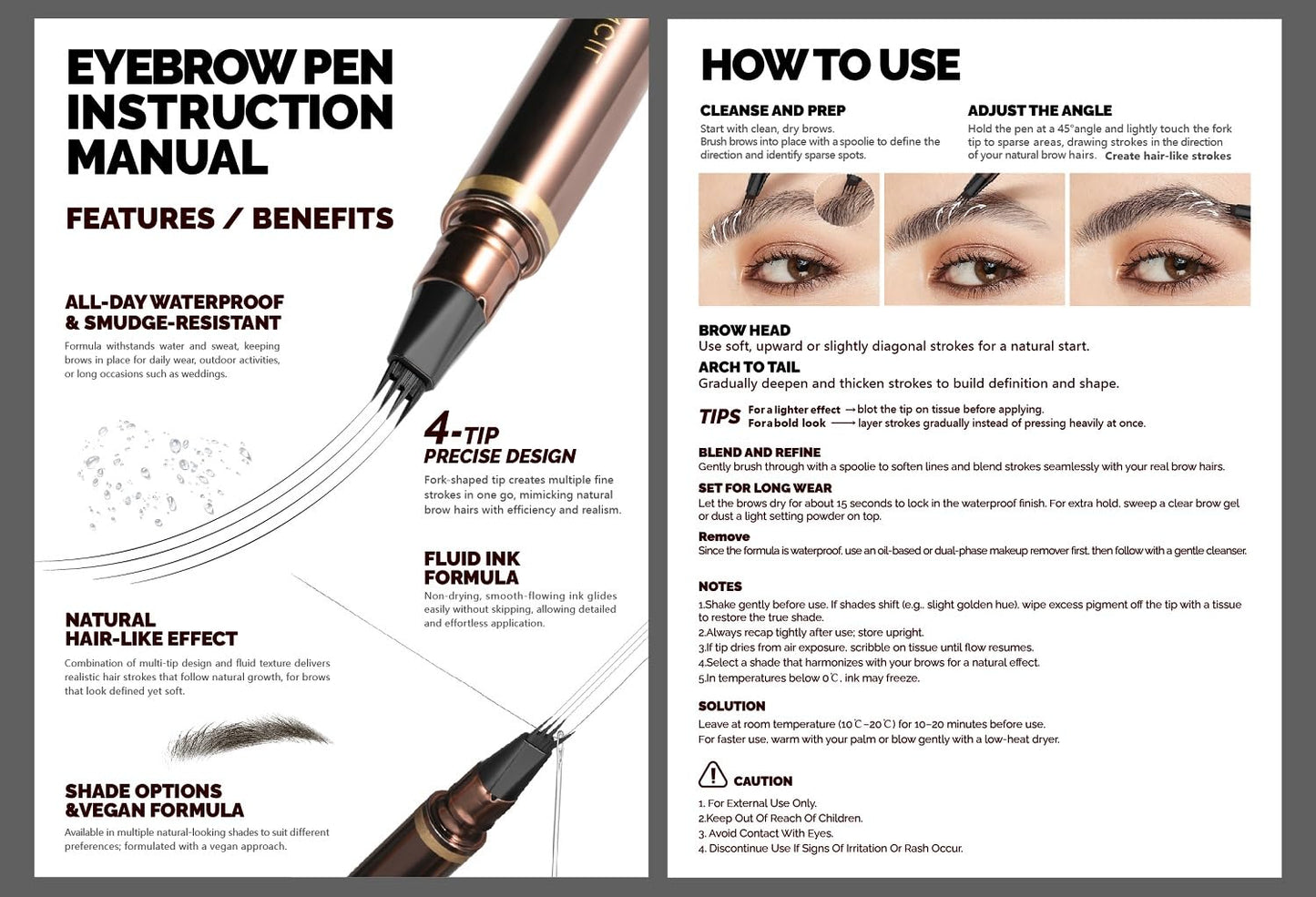 2 Pack Eyebrow Pen, Waterproof Microblading Eyebrow Pencil, 4 Tip Precise Eye Brow Makeup Pen for Women to Effortlessly Create Hair Like Natural Brows, Non Dry Out and Last All Day (Light Brown)