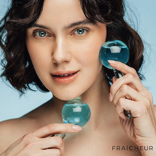 FRAÎCHEUR ICE GLOBES | Frozen Cryo Roller for Cold Facial Massage | Skincare Cooling Glass Massager with Anti-Freeze Liquid Inside | Reduce Puffiness, Pores and | Bonus Massage Techniques eBook (BLUE)