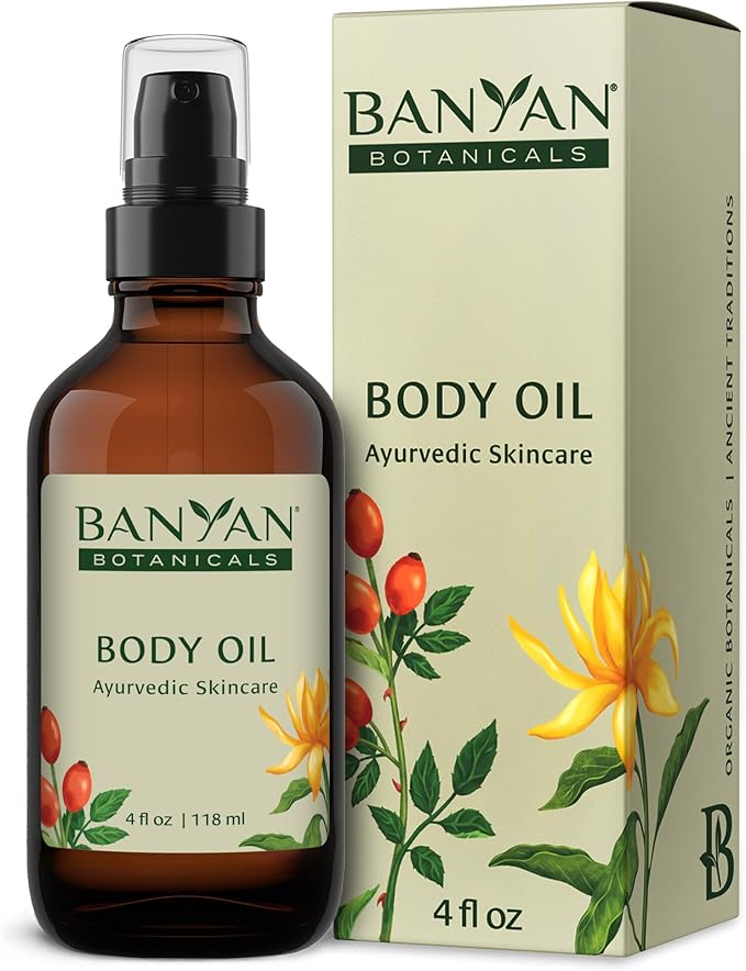 Banyan Botanicals Body Oil – Lightweight & Non-Greasy Body Oil – Ayurvedic Skin Care with Organic Jojoba Oil & Herbs for Soft, Smooth Skin – 4 oz – Non-GMO, Cruelty Free, Paraben Free Massage Oil