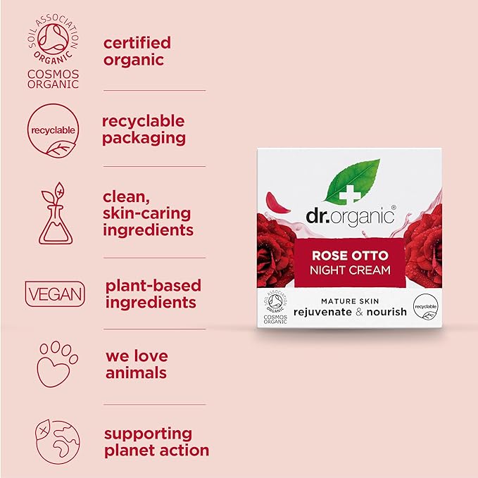 Dr. Organic Rose Otto Night Cream | Rejuvinating for Mature Skin, Aids in Healthy Aging, Promotes Youthful & Toned Skin, Natural, Certified Organic, Vegan, 50 mL / 1.7 fl oz