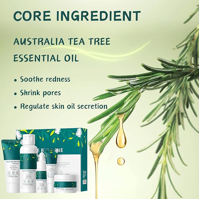 5 Pcs Tea Tree Acne Trea-tment for Face Skin Care Kit - Skin Care for Teens 10-12 - Skincare Gift Set - Acne Kit with Cleanser,Serum,Toner,Gel,Cream - Mother's Day Gifts for Mom
