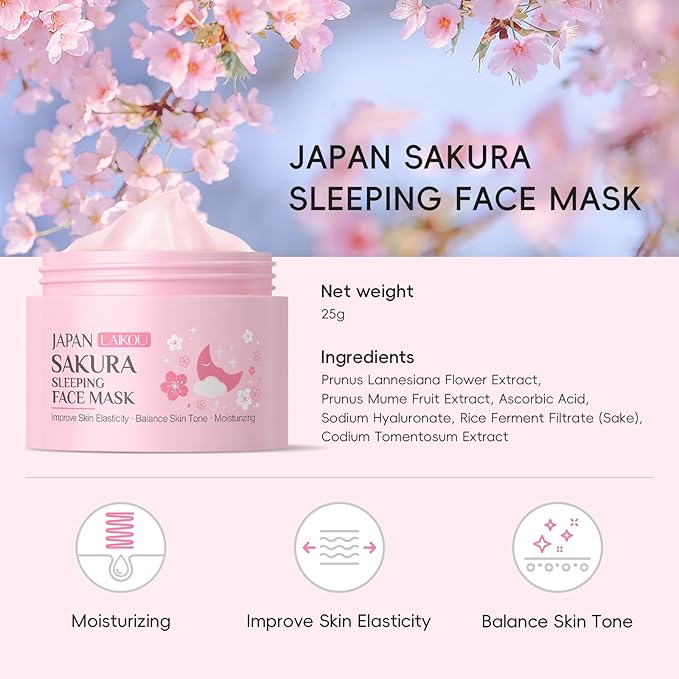 Sleeping Mask Hydrating Gel Mask 2 Packs JAPAN SAKURA Overnight Firming Jelly Face Mask - Deep Moisture & Repair, Non-Sticky, Elastic Skin (25g×2pcs)