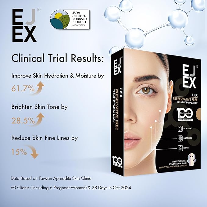 EJEX Face & Neck Mask Skincare, Hydrating Mask For Dry Skin, Bio-Based Facial Treatment For Sensitive Skin, Repairing Skin Barrier In 28 Days, Soothing, Firming, Glowing, 38gx5ea
