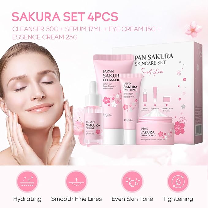 Skin Care Sets for Women/Girls JAPAN SAKURA Beauty Gift Sets Skincare Kit with Cleanser, Serum, Eye Cream, Face Cream Travel Pamper Sets for Women Gifts,Skin Care Sets & Kits