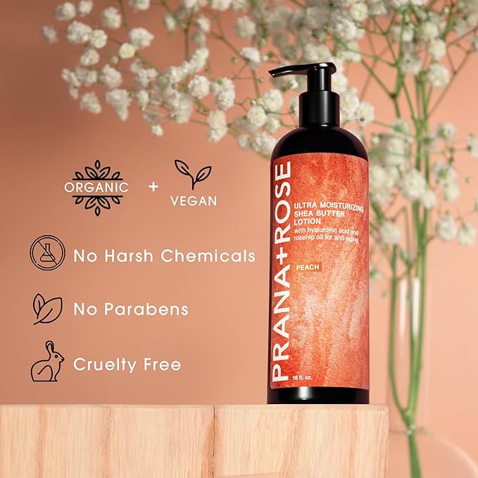 MADE IN THE USA Ultra Moisturizing Shea Butter Lotion with Hyaluronic Acid and Rosehip Oil for anti-aging ORGANIC VEGAN body and hand lotion 16oz (Peach)