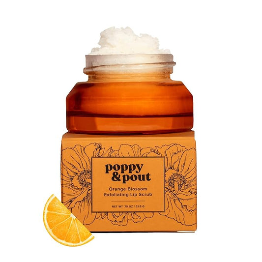 Poppy & Pout Natural Lip Scrub, Moisturizing Sugar Scrub for Dry Lips, Lip Scrubber Exfoliator with Essential Oils Smooths and Hydrates Lips, In Recyclable Glass Jars, Cruelty Free - Orange Blossom