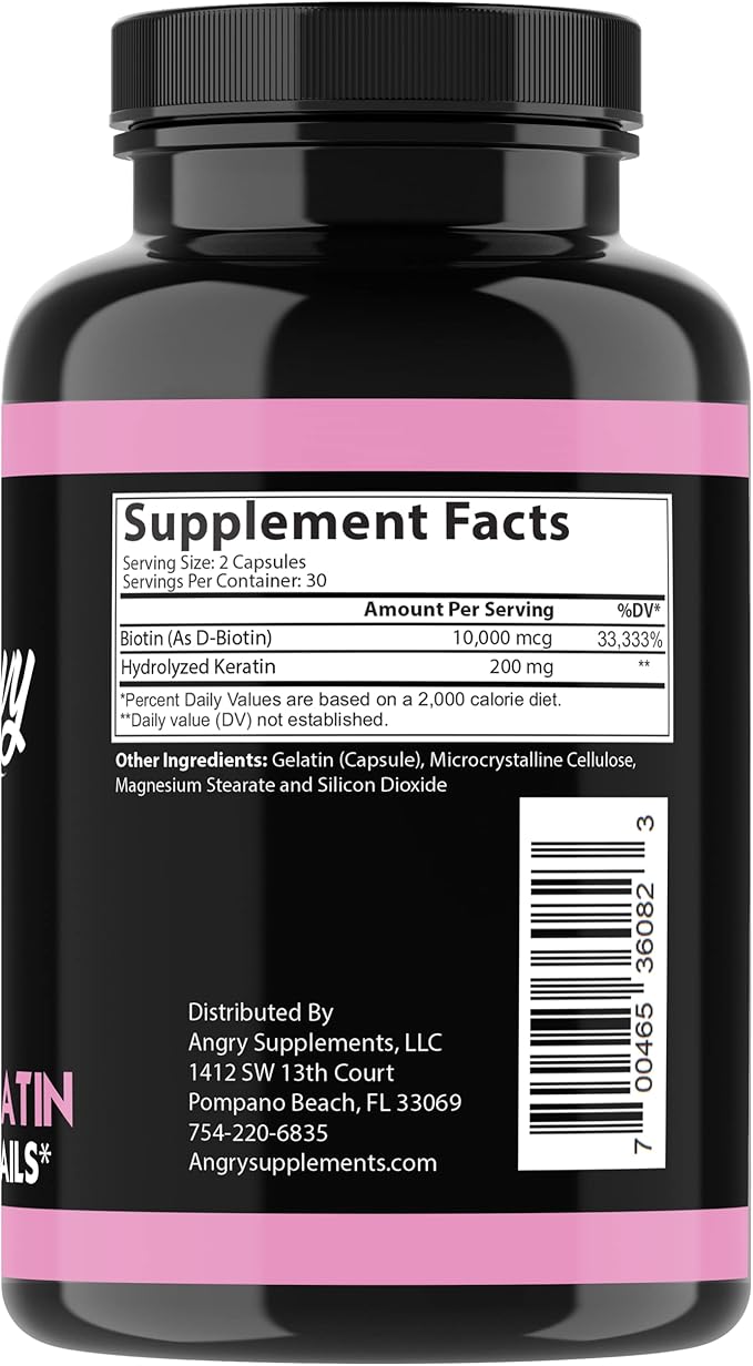 Angry Supplements Hair Envy 10,000 mcg Biotin + Keratin Capsules, Grow Hydrate Hair, Strengthen Thicken Nails, Clear Skin – Natural Remedy for Damaged Thinning Hair, (1-Bottle, 60ct)