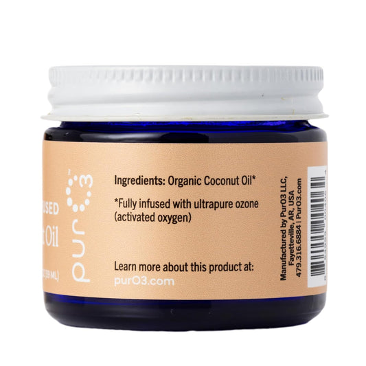 PurO3 Ozonated Coconut Oil – Pure, Natural, Organic Skincare for Face & Body – Oxygenated Healing Lotion, Moisturizer & Beauty Cream in a Glass Jar – O3 Therapy Salve, 2 oz