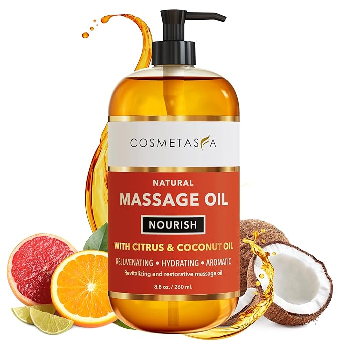 Natural Nourishing Citrus & Coconut Massage Oil- Smooth Glide, Non Greasy Therapeutic Massage Oils with Rejuvenating, Hydrating & Aromatic Essential Oils for Dry Skin, Soothes Muscle & Joints 8.8 oz