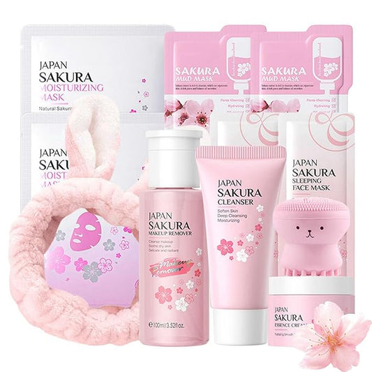 Skincare Set Sakura Skincare Gifts For Teen Girls, 11 Pack Skin Care Coreano Kit - Hair Tie, Mask, Makeup Remover, Cleanser, Cream, Brush, Mud Mask, Sleep Mask, Teen Face Care Kit Girls Beauty Set