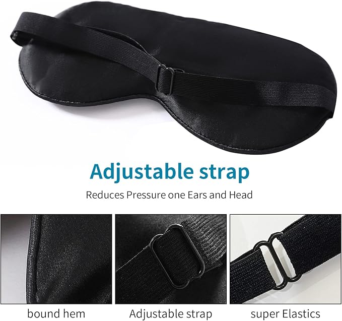 2-Pack 100% Real Natural Silk Eye Mask, Silk Sleeping Mask, Shade Puffy Eye Gift with Adjustable Straps, Sleep Eye Mask, SHJINJU Eye Mask Shade (Black and Light Blue)