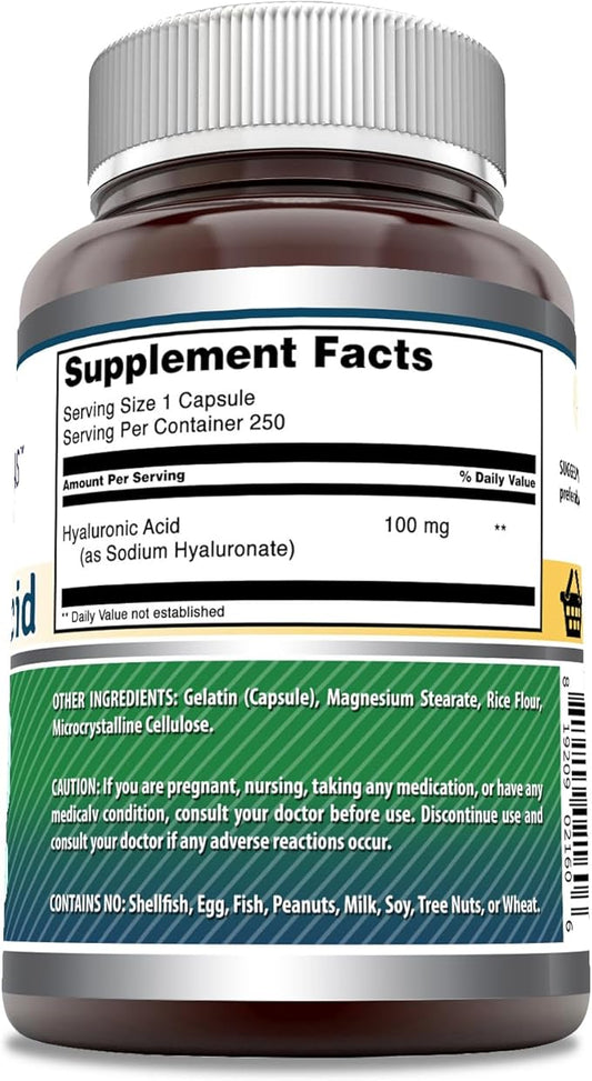 Amazing Formulas Hyaluronic Acid 100mg 250 Capsules Supplement | Non GMO | Gluten Free | Made in USA