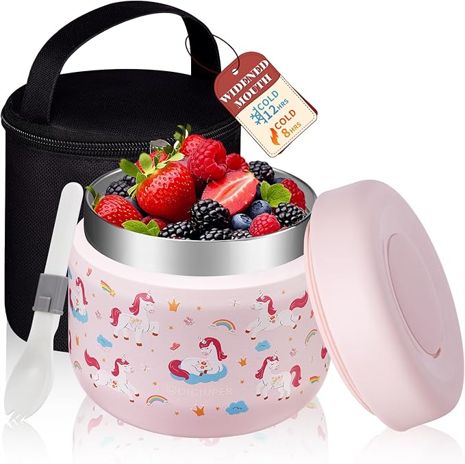 9 OZ Girls Thermo Food-Container with Carrier Bag - Wide Mouth Leakproof Baby Kids Lunch Thermal Insulated Jar for Food Fruits Veg Soup, Cute Pink Unicorn, Keep Hot 8H/Cold 12H