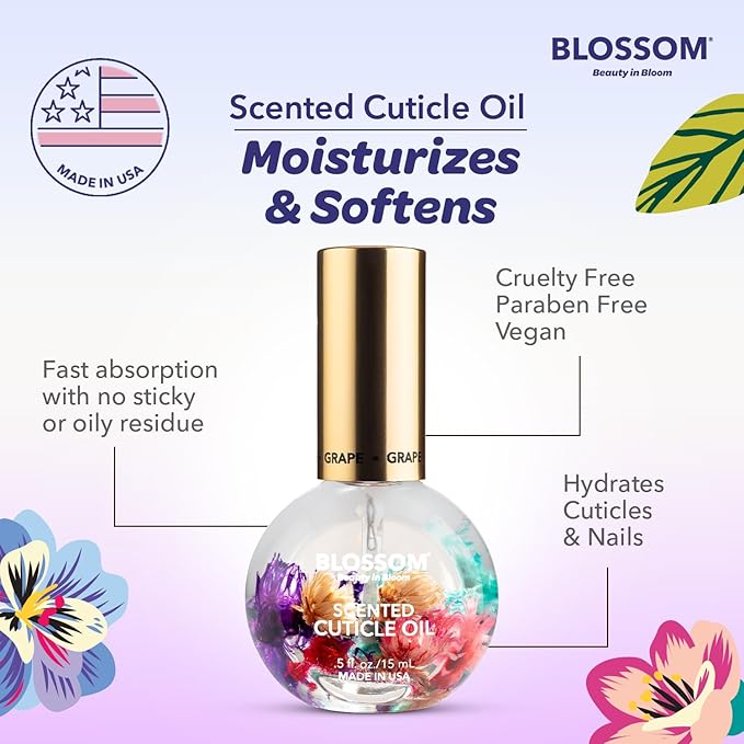 Blossom Cuticle Oil for Nails, Hydrating, Moisturizing, Scented Nail Oil Cuticle Care, Infused with Real Flowers, Made in USA, 0.92 fl. oz, Grape