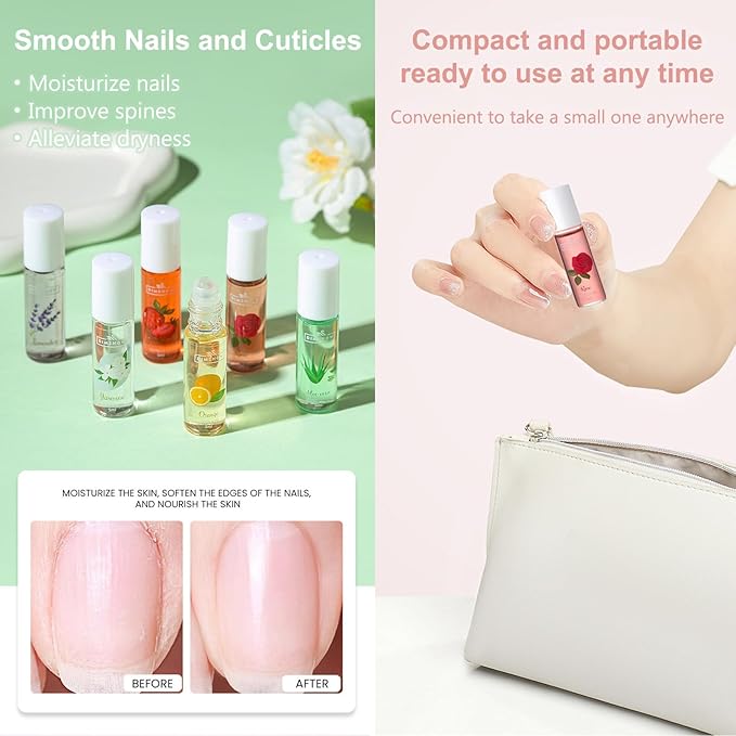 6Pcs Cuticle Oil set Nail Revitalize Oils For Growth And Strength, Cuticle Remover - Nails Strengthener - Cuticle Softener, Finger Edge Oil Nourishes (0.17 fl.oz/5ml Rollerball)