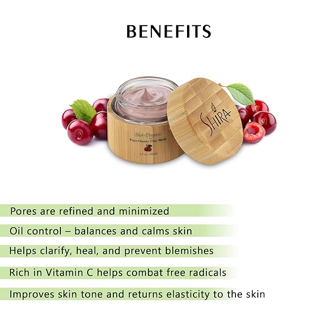 Shir-Organic Pure Cherry Clay Face Mask(15ml) Rich In Vitamin C Helps Clarify Heal and Prevent Blemishes Oil Control & Large Pore