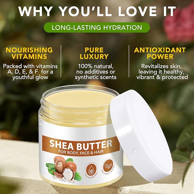 Pure Organic Shea Butter Raw, Unrefined Body & Face Butter, 100% Pure & Natural Body Butter for Dry, Cracked Skin, Stretch Marks & Anti-Aging, 7.76 oz