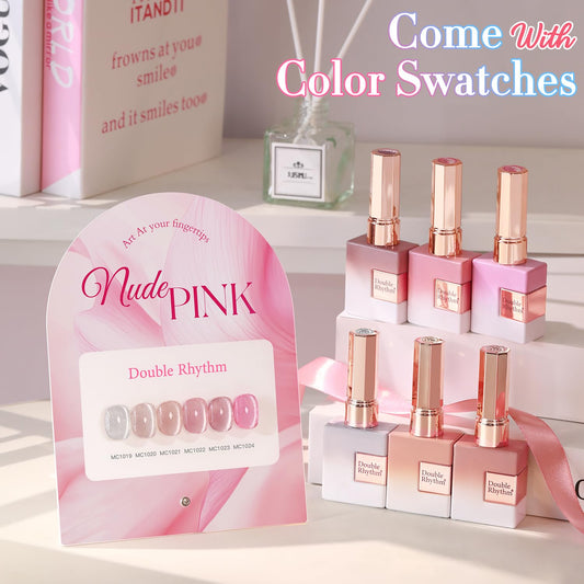 Double Rhythm Cat Eye Gel Nail Polish Set of 6 Same Color Same Bottle 0.5 Oz Shimmer Glitter with Magnet Holographic Reflective Magnetic UV Nail Polish Kit at Home (Silver Nude Pink-T6-42)