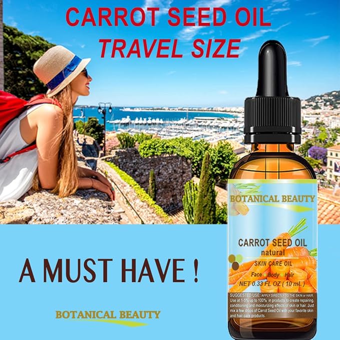 CARROT SEED OIL 100 % Natural Cold Pressed Carrier Oil. 0.33 Fl.oz.- 10 ml. Skin, Body, Hair and Lip Care. "One of the best oils to rejuvenate and regenerate skin tissues.” by Botanical Beauty