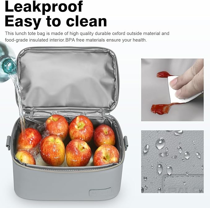 BALORAY Lunch Bag for Women Men, Double Deck Lunch Box for Adults Teens, PU Leather Lunch Tote Bag Insulated Lunch Bags with Strap for Work Office School