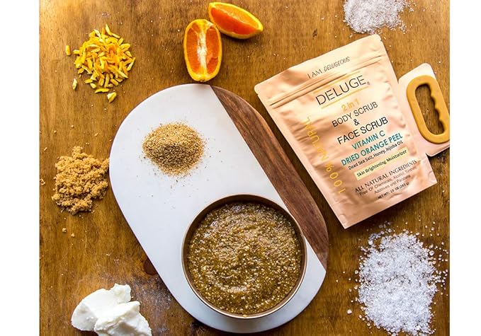 DELUGE - VITAMIN C SCRUB. DRIED ORANGE PEEL. DEAD SEA SALT, HONEY AND JOJOBA OIL. Net Weight 10 oz