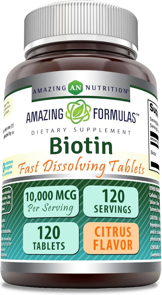 Amazing Formulas Biotin 10,000 mcg | Fast Dissolve Tablets | Non-GMO | Gluten Free Supplement | Made in USA (Citrus | 120 Count)