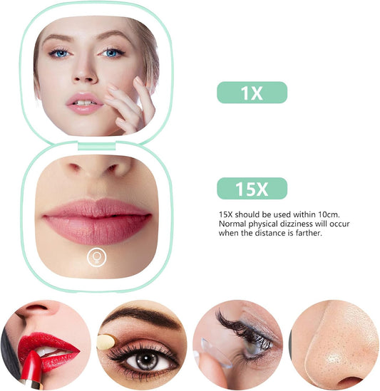 Portable Compact Mirror with Lights,15X Magnifying Pocket Mirror for Purse, Dual LED Travel Mirror with 3 Color Modes, Auto Shut-Off, Small Mirror Compact, Perfect Makeup Travel Essential