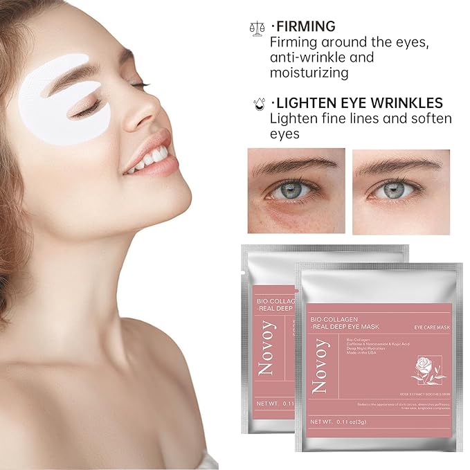 Novoy 7 Pairs Bio-Collagen Real Deep Eye Patches - 6-in-1 Retinol Overnight Eye Patches for Dark Circles, Puffiness & Wrinkles | 2% Caffeine+Hyaluronic+Niacinamide, Korean Popular Eye Mask - ROSE
