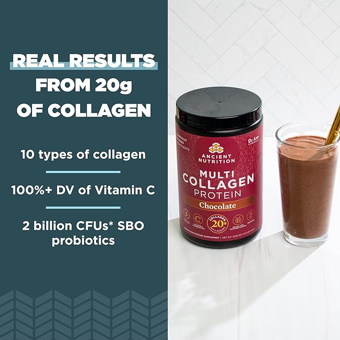 Ancient Nutrition Hydrolyzed Collagen Peptides Powder with Probiotics, Chocolate Multi Collagen Protein for Women and Men with Vitamin C, 40 Servings, Supports Skin and Nails, Gut Health, 16.65oz