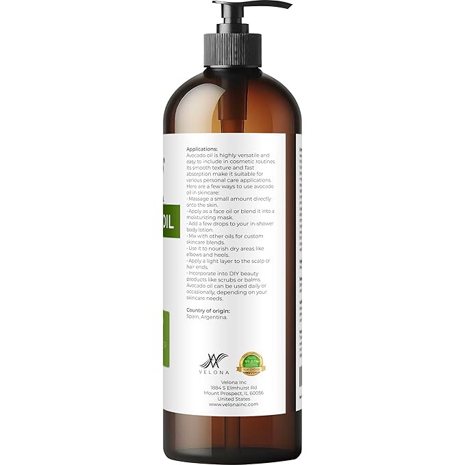Velona Avocado Oil 16 Fl Oz | 100% Pure and Natural Carrier Oil | Expeller-Pressed | Hair, Body and Skin Care | Use Today - Enjoy Results