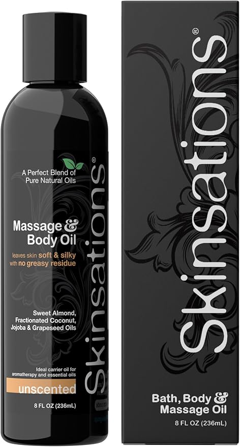 Skinsations - Unscented Massage Oil for Massage Therapy - 8oz | Silky-Soft Blend of Sweet Almond, Fractionated Coconut, Grapeseed and Jojoba Oil | Scented Body Oil, Sore Muscles, Aromatherapy