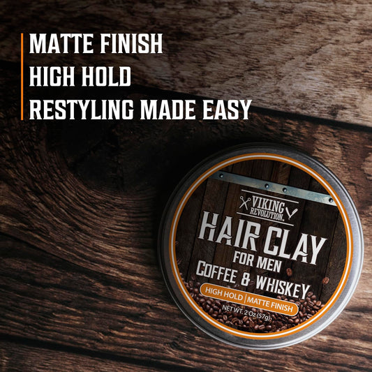 Viking Revolution Coffee & Whiskey Hair Clay for Men - Matte Finish, Texturizing Clay Pomade for Men with Jojoba Oil and Vitamin E - Effortless Hair Styling Cream - Strong Hold, Natural Finish (2 oz)