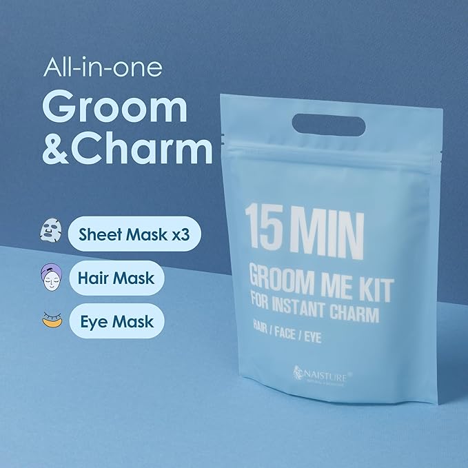15 Min Groom Me Kit by Naisture – Korean At Home Spa Kit for Men with Hair Mask, Collagen Mask, Tea Tree Face Mask, Hyaluronic Acid Mask, and Eye Mask