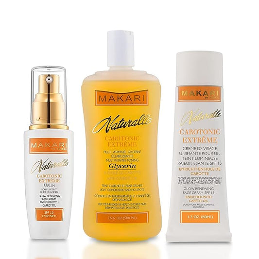 MAKARI Naturalle Carotonic Extreme Brightening 3-Piece Set - Glycerin Oil, Brightening Serum, and Glow Renewing Face Cream SPF15 | Fades Scars & Marks | For Oily & Sensitive Skin | Hydrates & Brighten