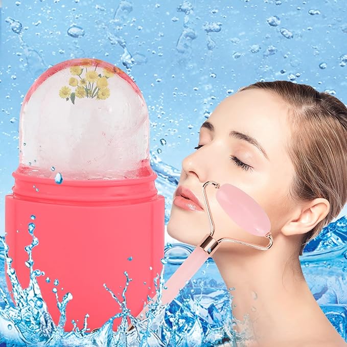 Facial Skincare Ice Roller Mold-Ice Roller for Face and Eye，Beauty Cube Brighten Skin &Enhance Natural Glow &Remove Fine Lines，Facial Beauty Ice Roller Skin Care Tools (Oval, pink set)