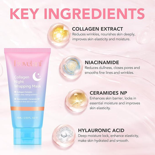 Collagen Night Wrapping Mask, Collagen Face Mask, Elasticity & Hydration Care, Reduces Sagging & Dullness 2.53 fl.oz