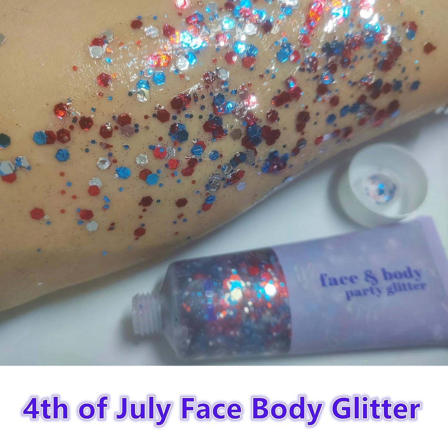 Go Ho Red White and Blue Body Glitter,Patriotic Pride Face Glitter Gel,4th of July Outfits for Women Reflective Glitters Makeup,Holographic Long Lasting Chunky Sequins,Fourth of July USA Accessories